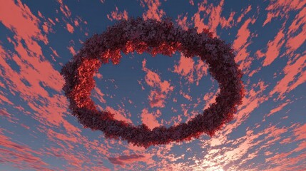 Abstract Ring Formation Composed Of Numerous Small Black Particles Against A Dramatic Cloudy Sky