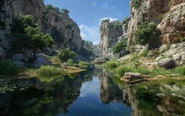 Scenic canyon landscape with river reflecting cliffs and blue sky
