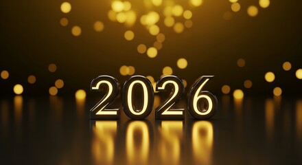 2026 Golden New Year Celebration Greeting Card Design. Luxury 3D render of glowing digits 2026 on a dark reflective surface with festive golden bokeh lights background.