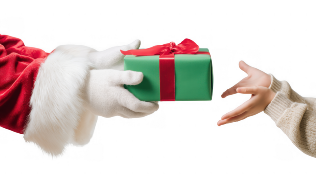 Santa offers a green gift to a child, created AI, PNG