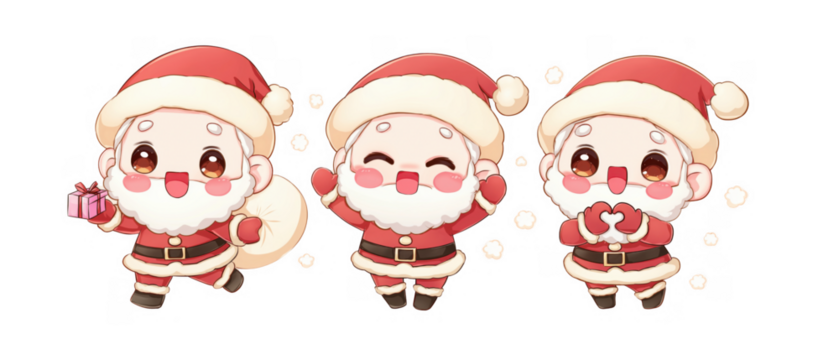 Three joyful Santas with gifts and bags, created AI, PNG