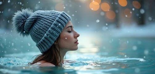 Woman wearing knitted hat bathes in outdoor pool during snowfall. Water splashes around her as she relaxes with eyes closed. Winter season relaxation spa treatment.