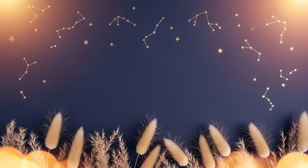 Golden Constellations and Fluffy Dried Grass Border on Dark Navy Background. Celestial Astrology Frame with Magical Bokeh Light and Copy Space.