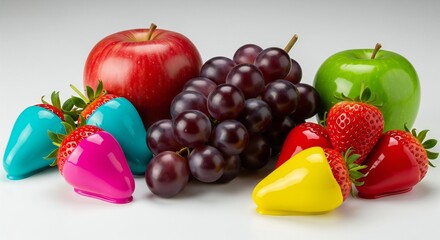 A still life featuring a mix of fresh fruits including apples grapes and strawberries with bright colors