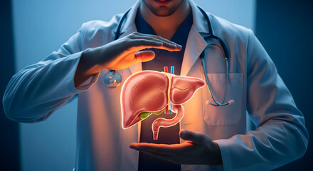 Protecting liver health with care and expertise showing doctor holding anatomical model, representing healthcare, research, and innovative medical solutions