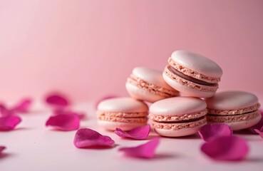 Close-up of heart-shaped macarons. Pink macarons with rose petals on pink background. Sweet dessert treats. Delicious French pastry for Valentines day. Romantic treats.