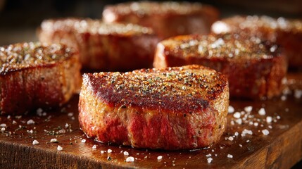 Close Up Shot Of Cooked Steaks With Seasoning On Wooden Surface