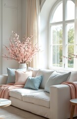 Fototapeta premium Bright living room with white sofa, pastel pillows and pink throw blanket. Blossoming branches in vase near large window. Cozy elegant home interior.