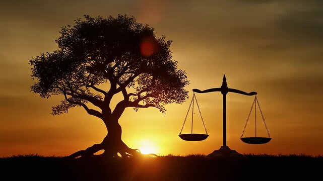 Tree and scale of justice symbol of natural balance