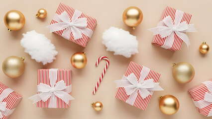 Beautiful festive flat lay with golden baubles candy cane and striped gift boxes on a light background perfect for holiday greetings and seasonal promotions