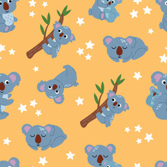 Cute Koala Bear Seamless Pattern on Yellow. Design for fabric, textile, wallpaper, packaging, for children.	
