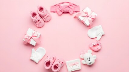 Pink baby girl clothes and accessories arranged in circle