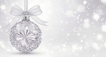 Elegant Crystal Christmas Ornament Hanging with Silver Ribbon Bow on Sparkling White Bokeh Background. Luxurious Winter Holiday Decoration Banner with Copy Space and Glitter Effect.