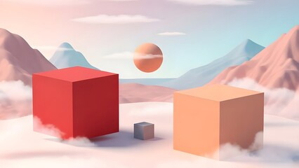 Abstract dreamscape with cubes mountains clouds and floating sun