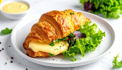 Delicious croissant sandwich with cheese and fresh greens on a white plate