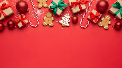 Festive christmas border with gifts candy canes and gingerbread