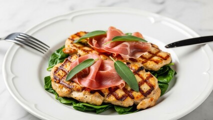 Grilled Chicken with Prosciutto, Sage, and Spinach on a White Pl