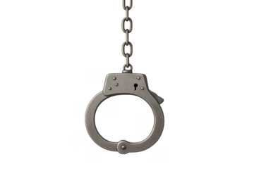 Handcuffs hanging on chain representing justice, crime, arrest, law enforcement, and prison