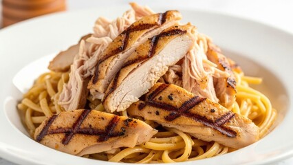 Grilled Chicken Breast Slices and Shredded Chicken atop Linguine