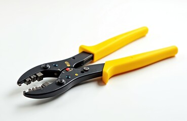 Fototapeta premium Crimping tool on white backdrop. Black metal tool with yellow handle. Instrument for electrical work. Concept of electrician job. Close up view of engineering equipment.