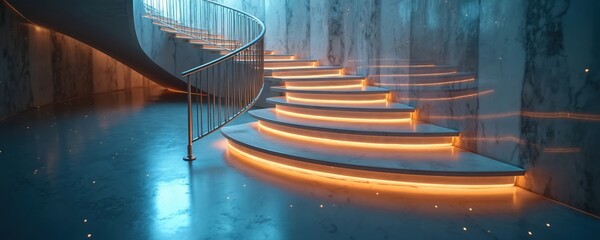 Luxury staircase with glass steps illuminated by floor lights. Delicate wireframe railing creates futuristic look. Staircase leads up to unknown destination in modern building with marble walls,