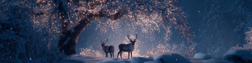 Obraz premium Reindeer standing in snowy forest with magical Christmas lights. Reindeer standing in deep snow, illuminated by magical Christmas lights in a winter forest