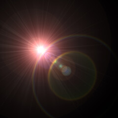 Bright white light source with red glowing rays and black abstract background effect.