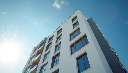 Modern apartment building exterior facade gleams in bright sun under clear blue sky. Residential block of flats features clean lines, many large windows. Contemporary urban architecture design
