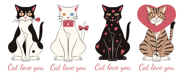 Set of cute Valentine illustration featuring four charming cats decorated with hearts, bows, roses, and love symbols. Whimsical and romantic artwork