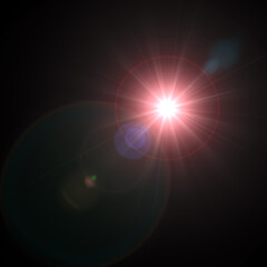 A vibrant red lens flare with a white starburst effect illuminates a black background creating an ethereal glow.