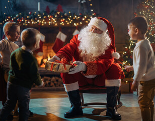 Święty Mikołaj wręczający dzieciom prezenty