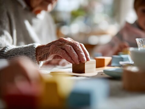 Elderly hands arranging wooden blocks during a cognitive activity, symbolizing dementia therapy, motor training, and memory stimulation