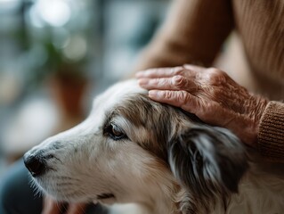 Senior hand resting on a dog’s head, symbolizing dementia comfort therapy, tactile reassurance, and emotional stabilization through animal presence