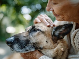 Elderly woman holding and petting a dog, symbolizing dementia-oriented animal-assisted therapy and emotional grounding through canine contact
