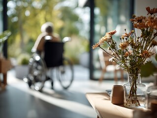 Flowers in focus with a wheelchair user blurred behind them, symbolizing dementia care, fragile perception, and emotional distance in a therapeutic interior
