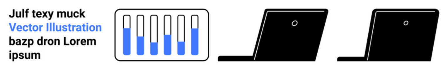 Two laptops facing outward, adjacent to a vertical bar chart with blue-filled progress bars. Ideal for data management, digital analytics, teamwork, minimal design, productivity tools, education