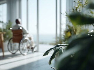 Wheelchair user sitting near bright panoramic windows with plants foregrounded, symbolizing dementia isolation, sensory grounding, and orientation challenges