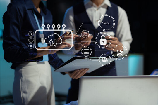 Hand touching secure access service edge icon on smartphone virtual screen background, password, network, framework and support technology in office. secure access service edge concept.