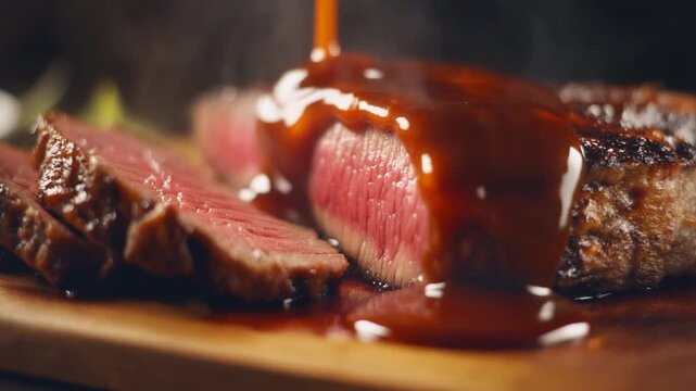 Grilled Steak with BBQ Sauce on Wooden Plate