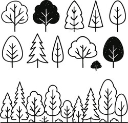 Simple tree silhouettes. Hand drawn style forest tree and woodland nature tree. Wood plant, botanical tree, isolated on a transparent background.