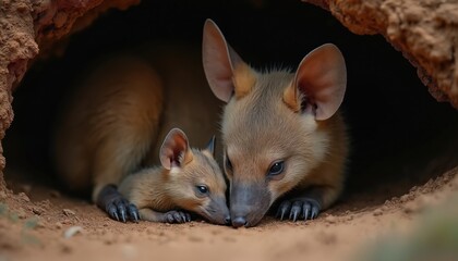 Obraz premium Aardvark mother and baby rest together in their underground burrow. The adult aardvark protects its young. This animal family enjoys a moment of peace and security in nature.