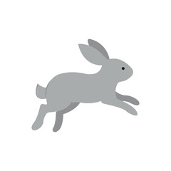 A simple, flat design vector illustration of a gray rabbit in a dynamic jumping or running pose, isolated on a white background.