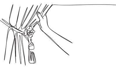 Line Art of Hand Adjusting a Curtain with a Decorative Tassel