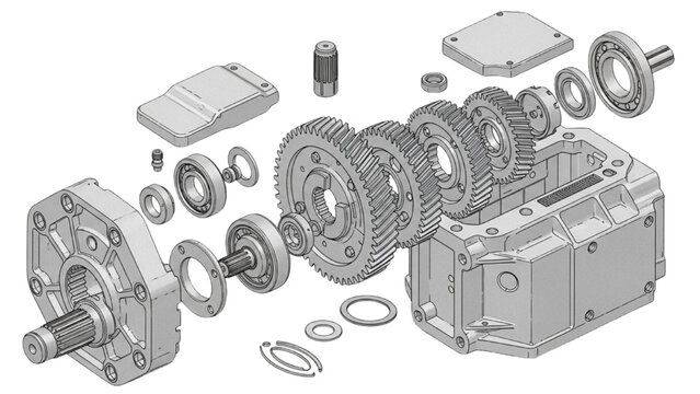 Detailed exploded view of mechanical gearbox components assembly in technical illustration for industrial engineering design and analysis