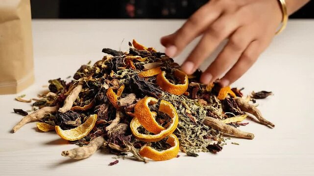 Aromatic Herbal Blend Preparation with Dried Citrus Peel and Spices Detailed Close-up View