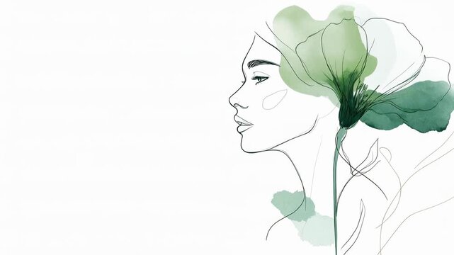 Minimalist line drawing of a woman in profile blended with an abstract green floral accent suggesting nature beauty wellness mindfulness and modern editorial illustration for branding and li
