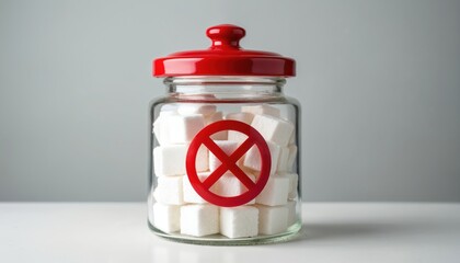 Glass jar filled with white sugar cubes red no sugar sign displayed on. Visual clearly represents health concerns about sweet food intake. Shows individuals trying to eat less sugar for diet,