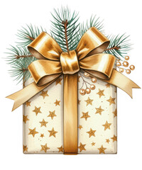 Elegant christmas gift box wrapped in white paper with gold stars, adorned with a lush golden bow and pine needles, ready for holiday celebration isolated on transparent background