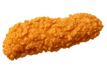 Crispy golden fried chicken tender isolated on transparent background, offering a popular fast food snack or meal option