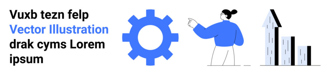 Business strategy, innovation, technology, data analysis, career development, growth. A gear, a person gesturing and an upward arrow with buildings. Business strategy and innovation